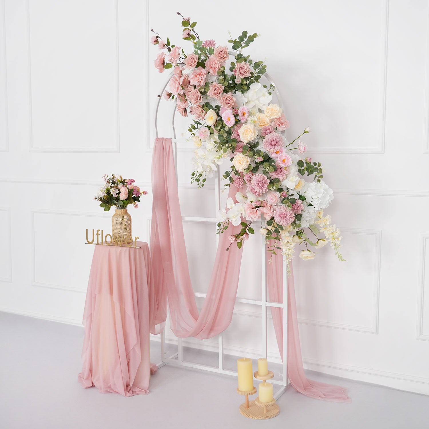 Uflower Artificial Pink Rose Green Leaf Flower Row Wedding KT Backdrop Decor